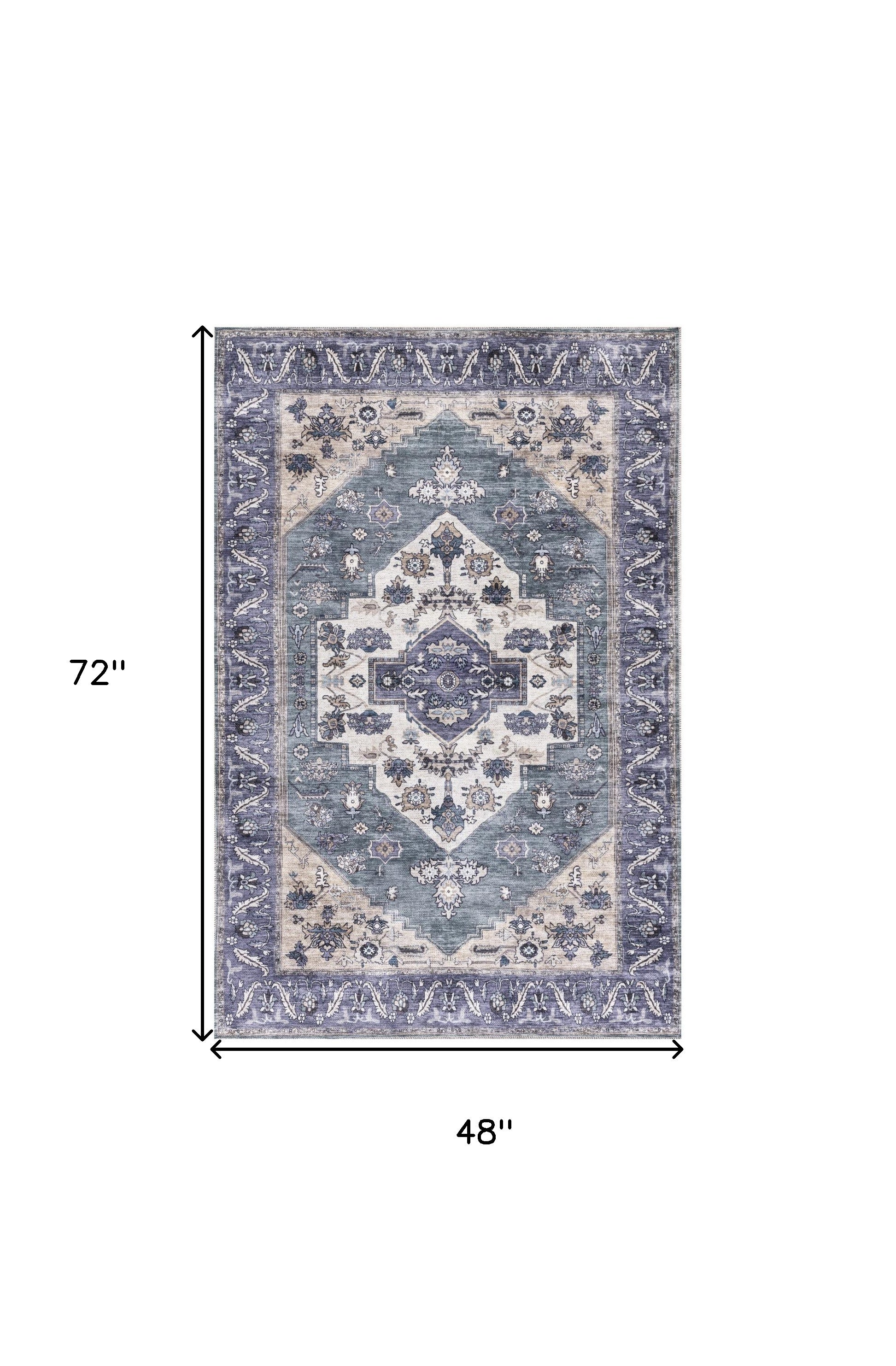 4' x 6' Blue and Beige Oriental Power Loom Distressed Washable Non Skid Area Rug