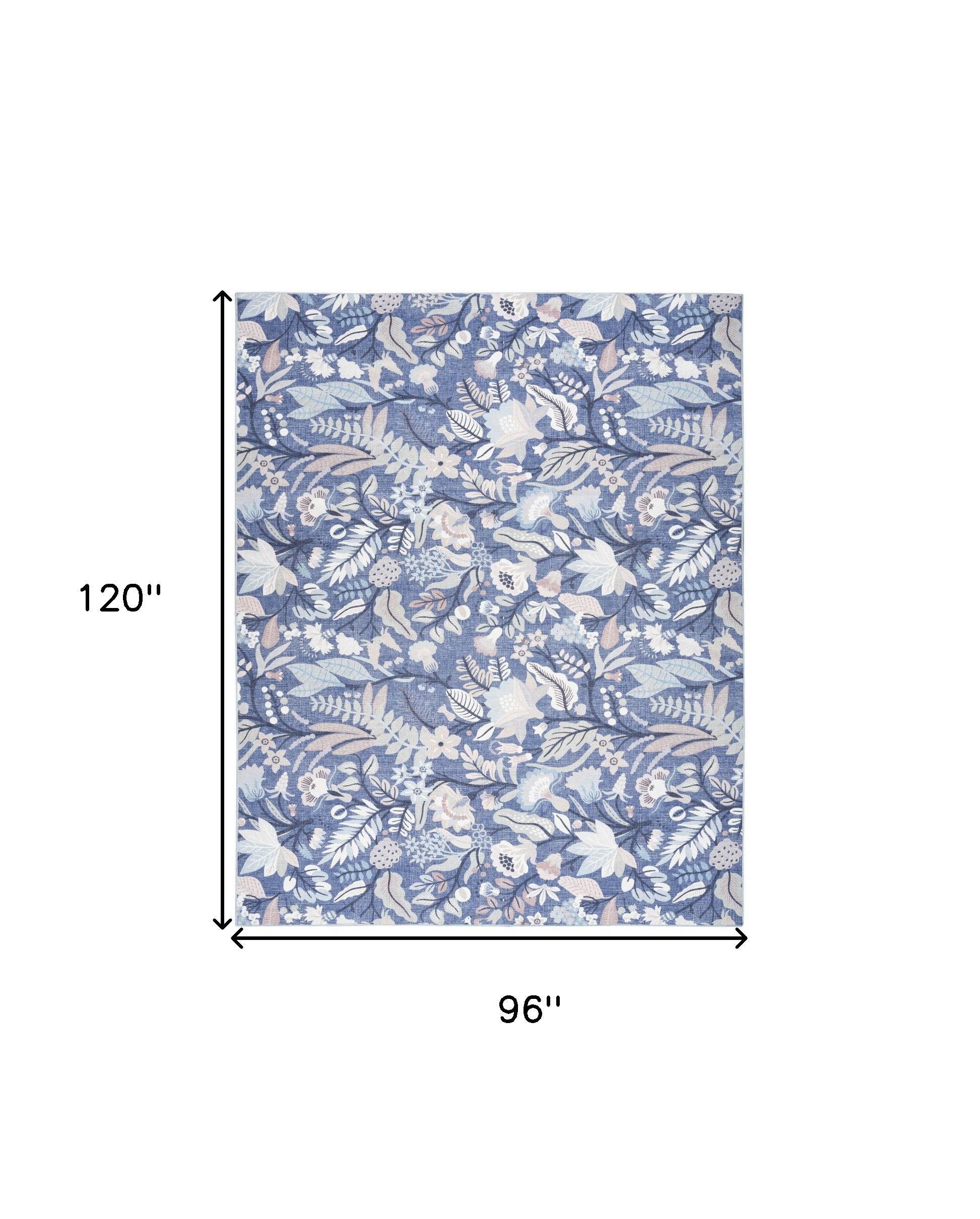 8' x 10' Blue and Off White Floral Power Loom Washable Non Skid Area Rug