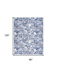 8' x 10' Blue and Off White Floral Power Loom Washable Non Skid Area Rug