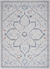 6' x 9' Ivory and Blue Oriental Power Loom Washable Area Rug