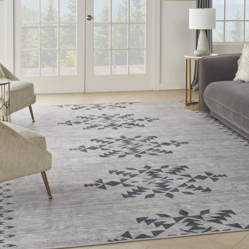 9' x 12' Gray and Ivory Geometric Power Loom Washable Area Rug