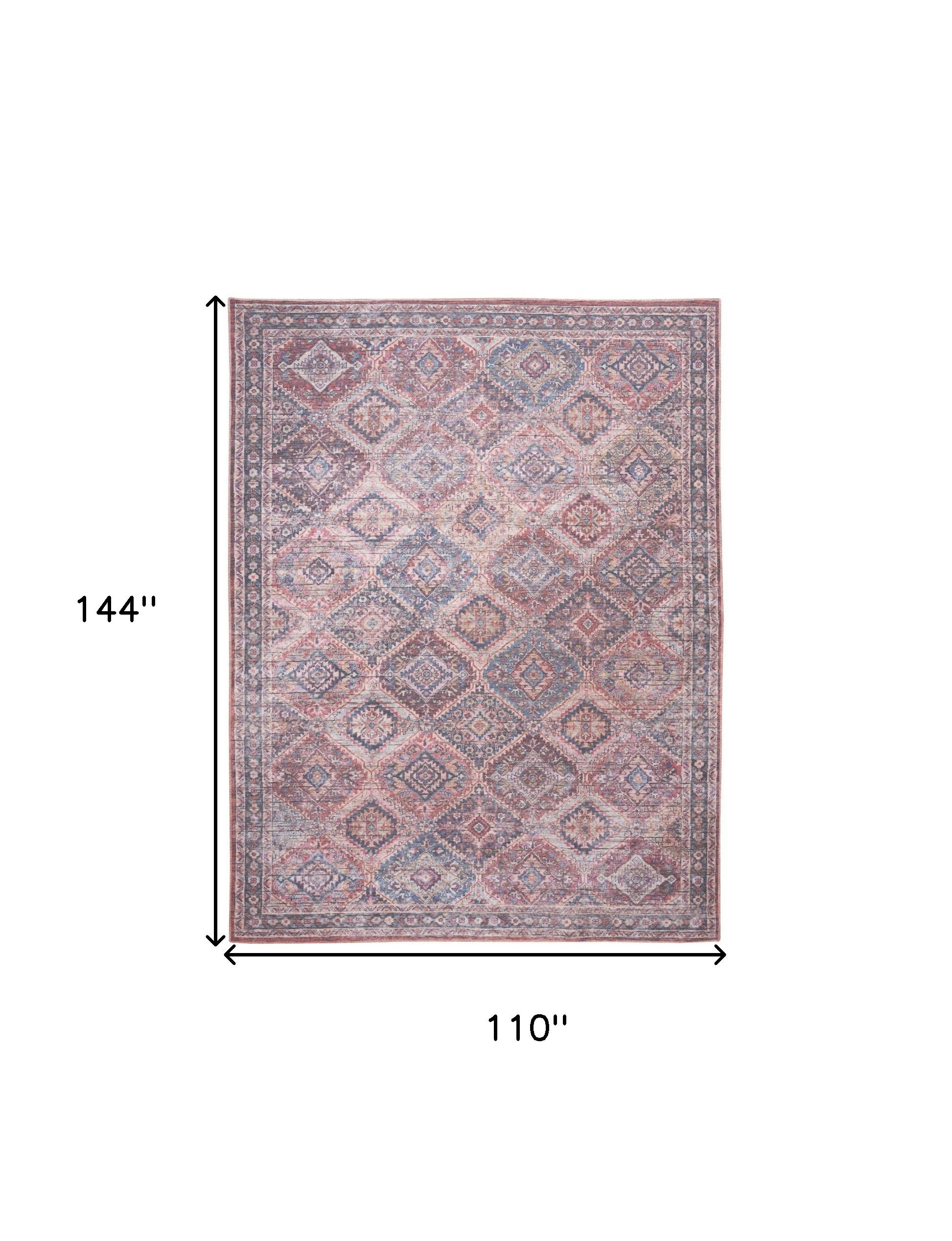 9' x 12' Blue and Red Floral Power Loom Distressed Washable Area Rug
