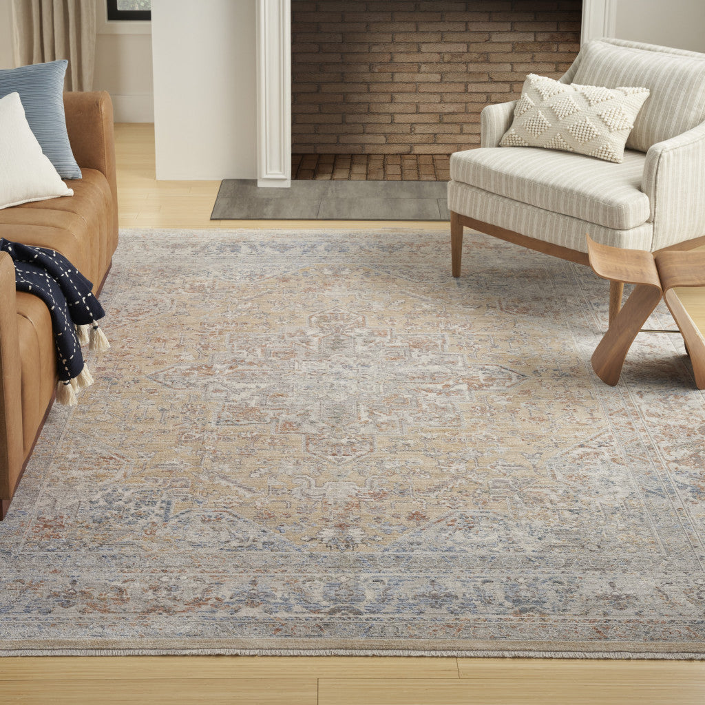 8' x 10' Gray and Gold Oriental Power Loom Distressed Area Rug With Fringe