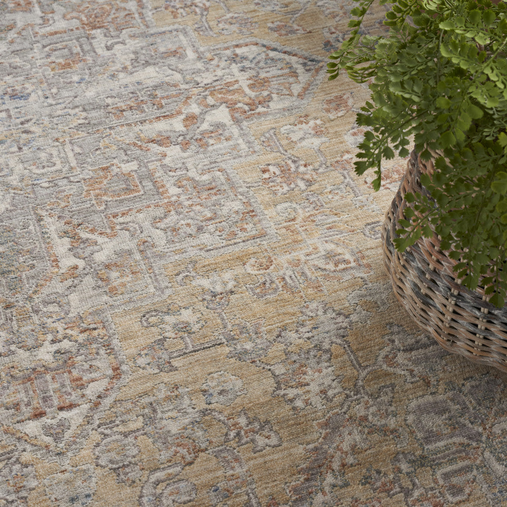 8' x 10' Gray and Gold Oriental Power Loom Distressed Area Rug With Fringe