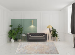 8' x 10' Gray and Gold Oriental Power Loom Distressed Area Rug With Fringe