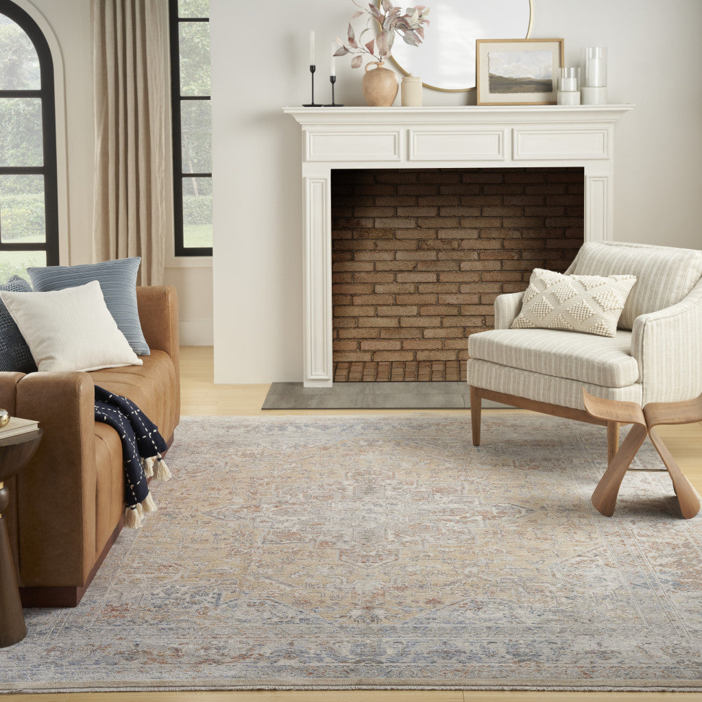 8' x 10' Gray and Gold Oriental Power Loom Distressed Area Rug With Fringe