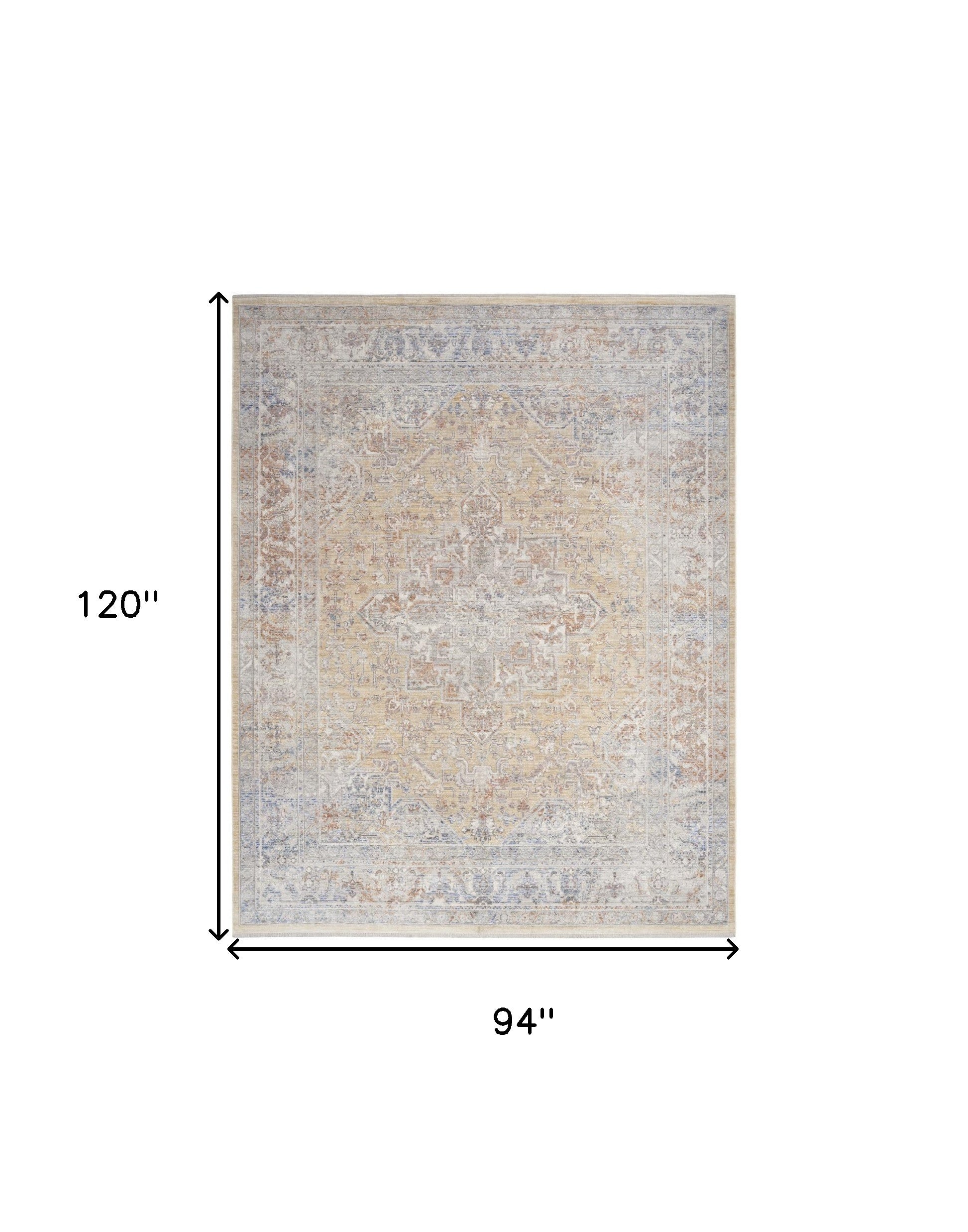 8' x 10' Gray and Gold Oriental Power Loom Distressed Area Rug With Fringe