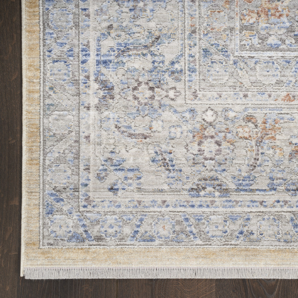8' x 10' Gray and Gold Oriental Power Loom Distressed Area Rug With Fringe