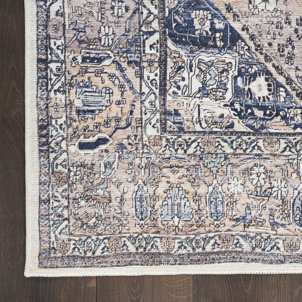 9' x 12' Ivory and Blue Oriental Power Loom Distressed Washable Non Skid Area Rug