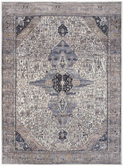 9' x 12' Ivory and Blue Oriental Power Loom Distressed Washable Non Skid Area Rug