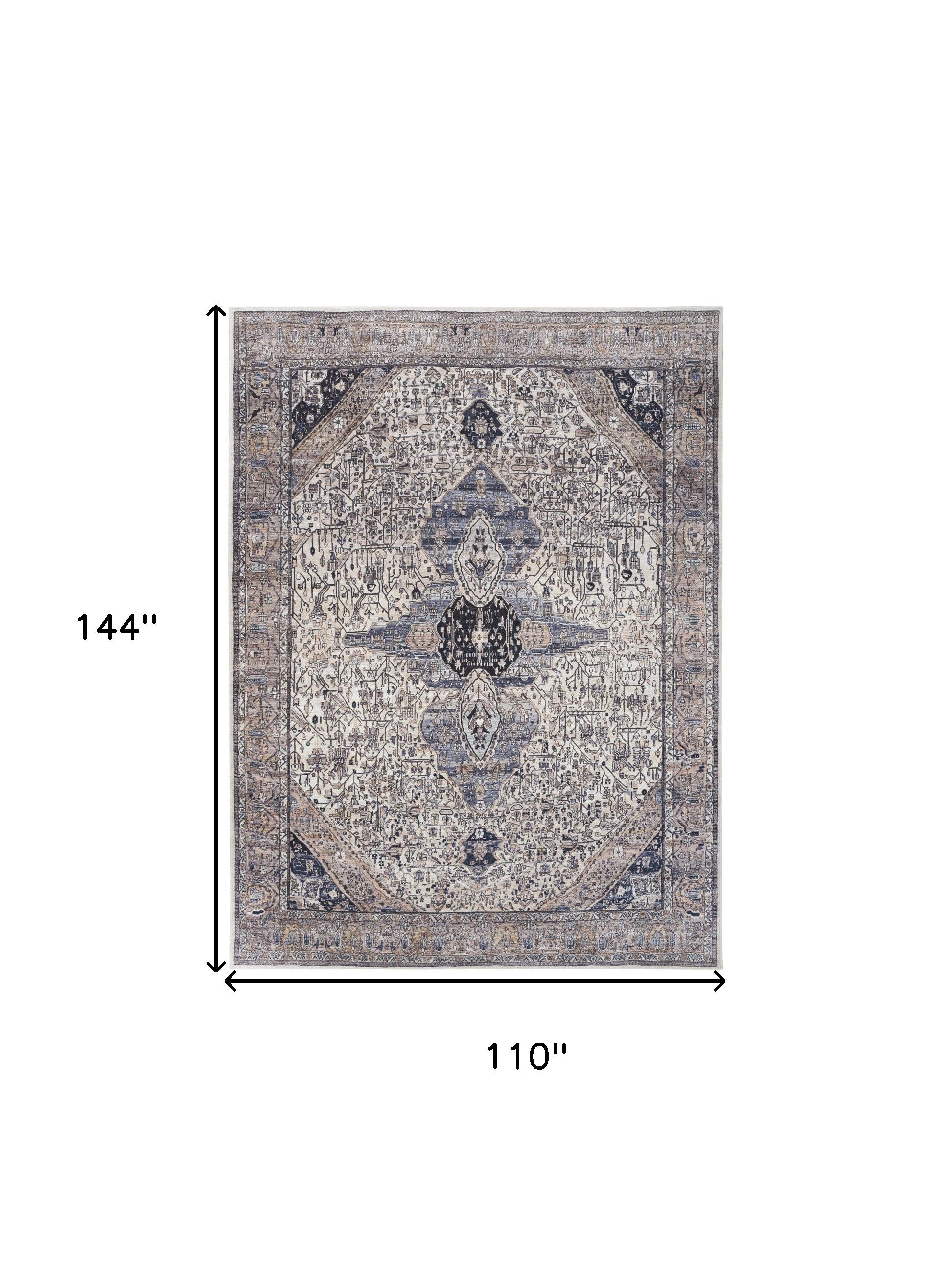 9' x 12' Ivory and Blue Oriental Power Loom Distressed Washable Non Skid Area Rug