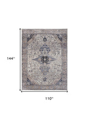 9' x 12' Ivory and Blue Oriental Power Loom Distressed Washable Non Skid Area Rug