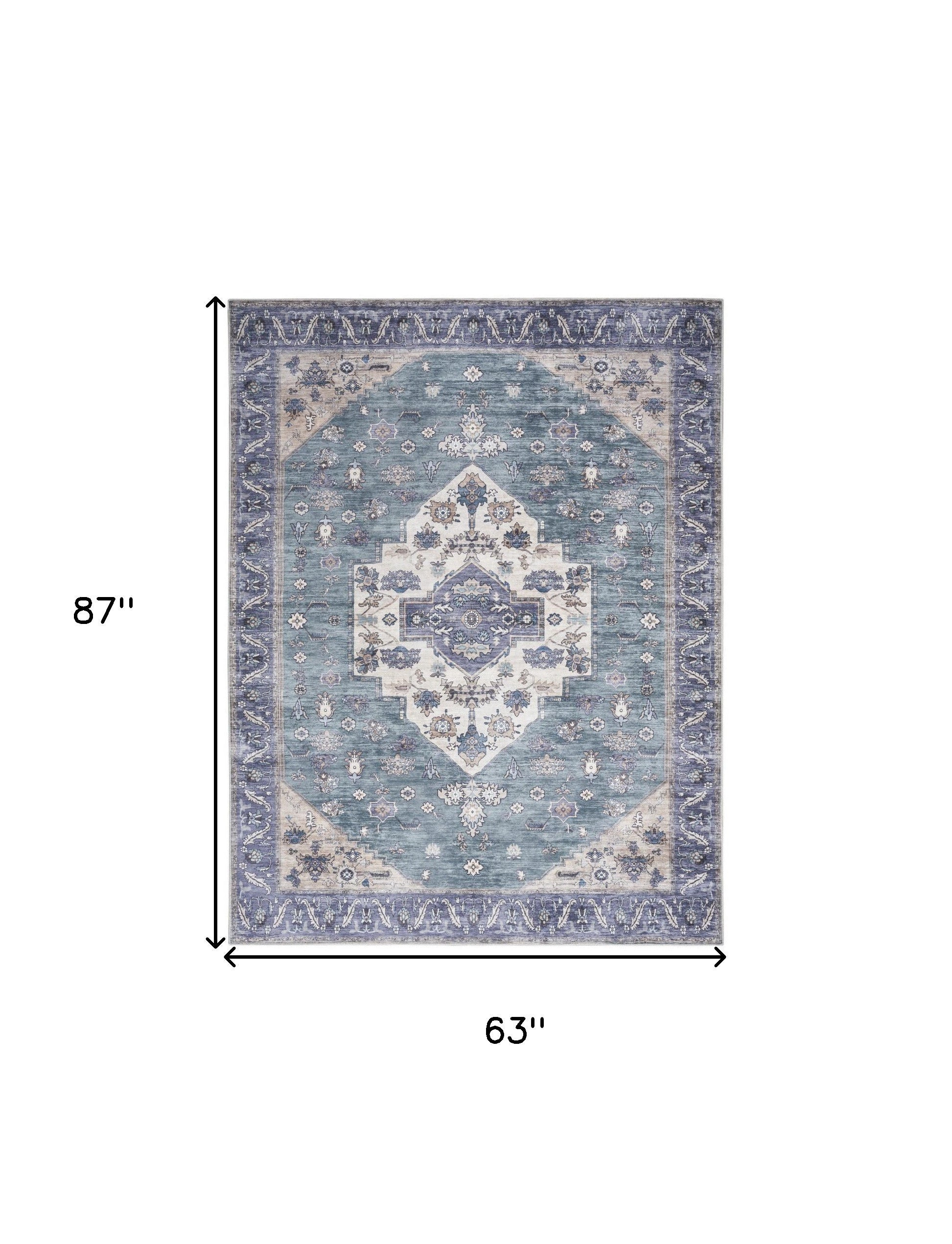 5' x 7' Blue and Green Oriental Power Loom Distressed Washable Non Skid Area Rug