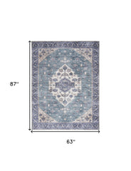 5' x 7' Blue and Green Oriental Power Loom Distressed Washable Non Skid Area Rug