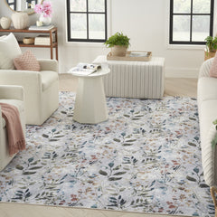 5' x 7' Ivory Blue and Gray Floral Power Loom Washable Non Skid Area Rug