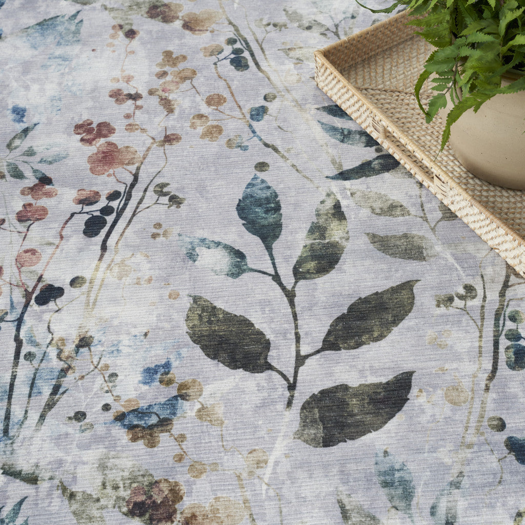 5' x 7' Ivory Blue and Gray Floral Power Loom Washable Non Skid Area Rug