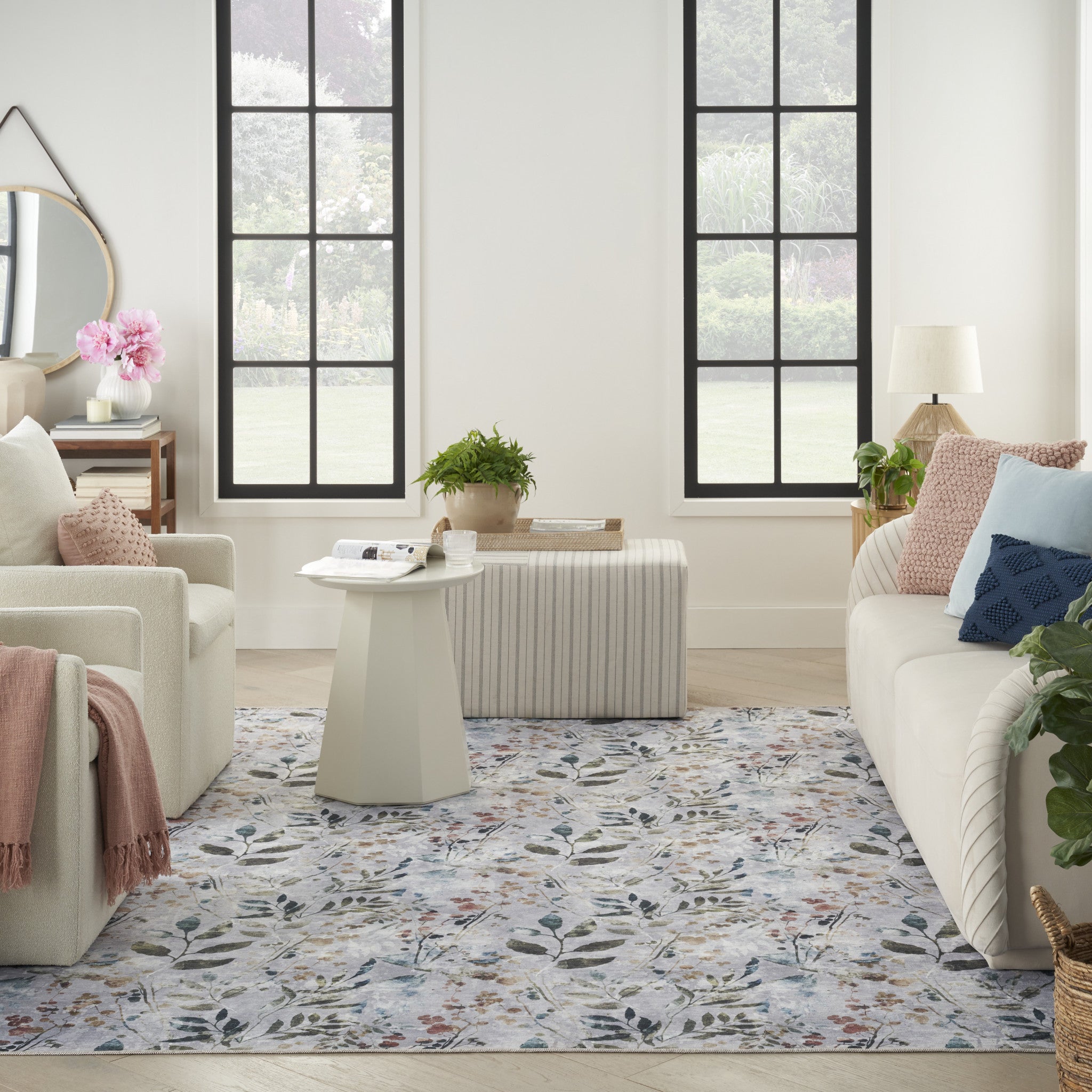 5' x 7' Ivory Blue and Gray Floral Power Loom Washable Non Skid Area Rug