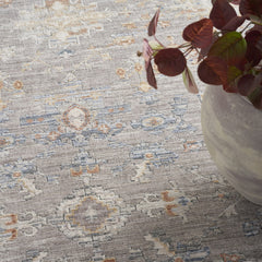 5' x 8' Gray and Ivory Oriental Power Loom Distressed Area Rug With Fringe
