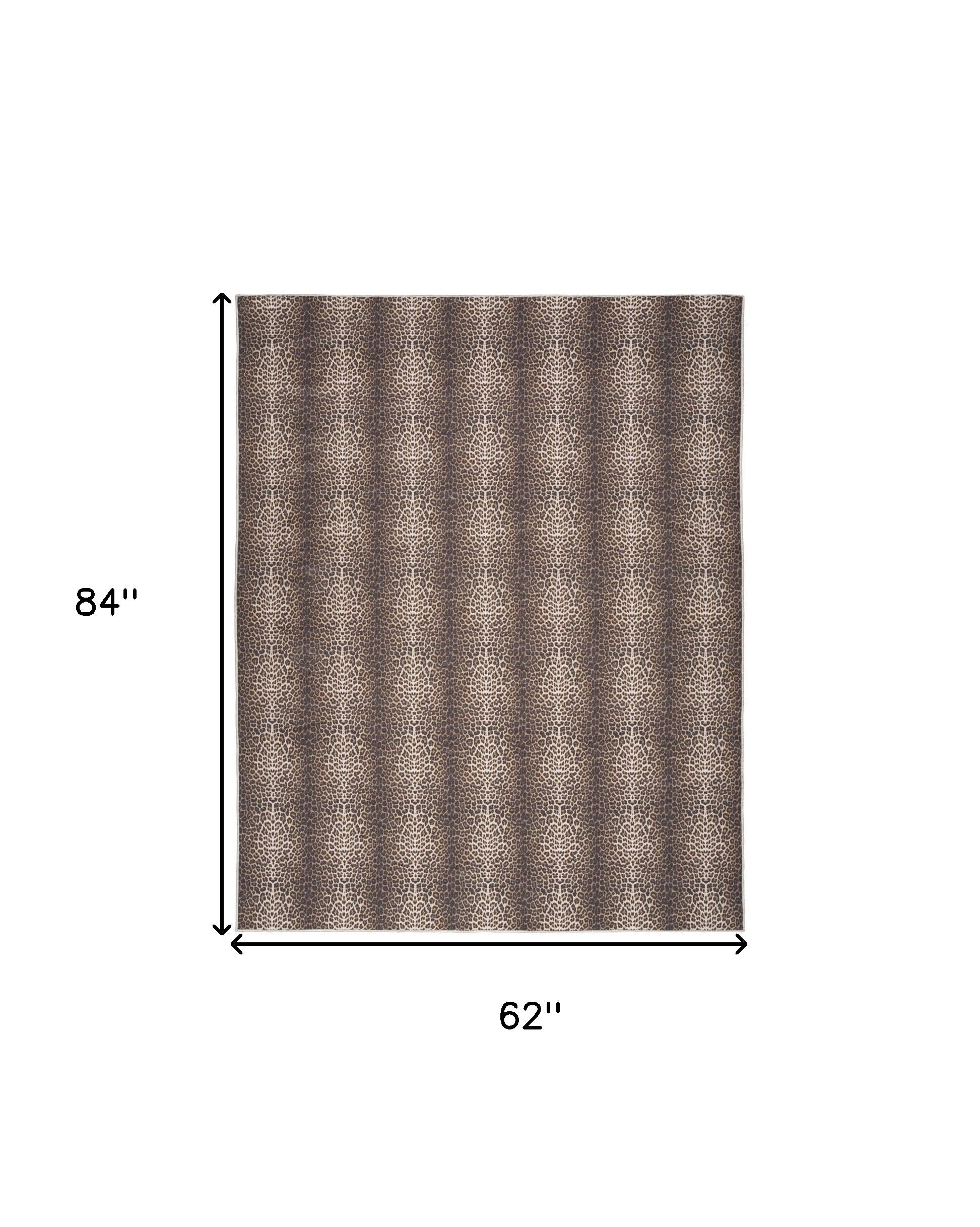5' x 7' Brown and Ivory Leopard Print Power Loom Washable Non Skid Area Rug
