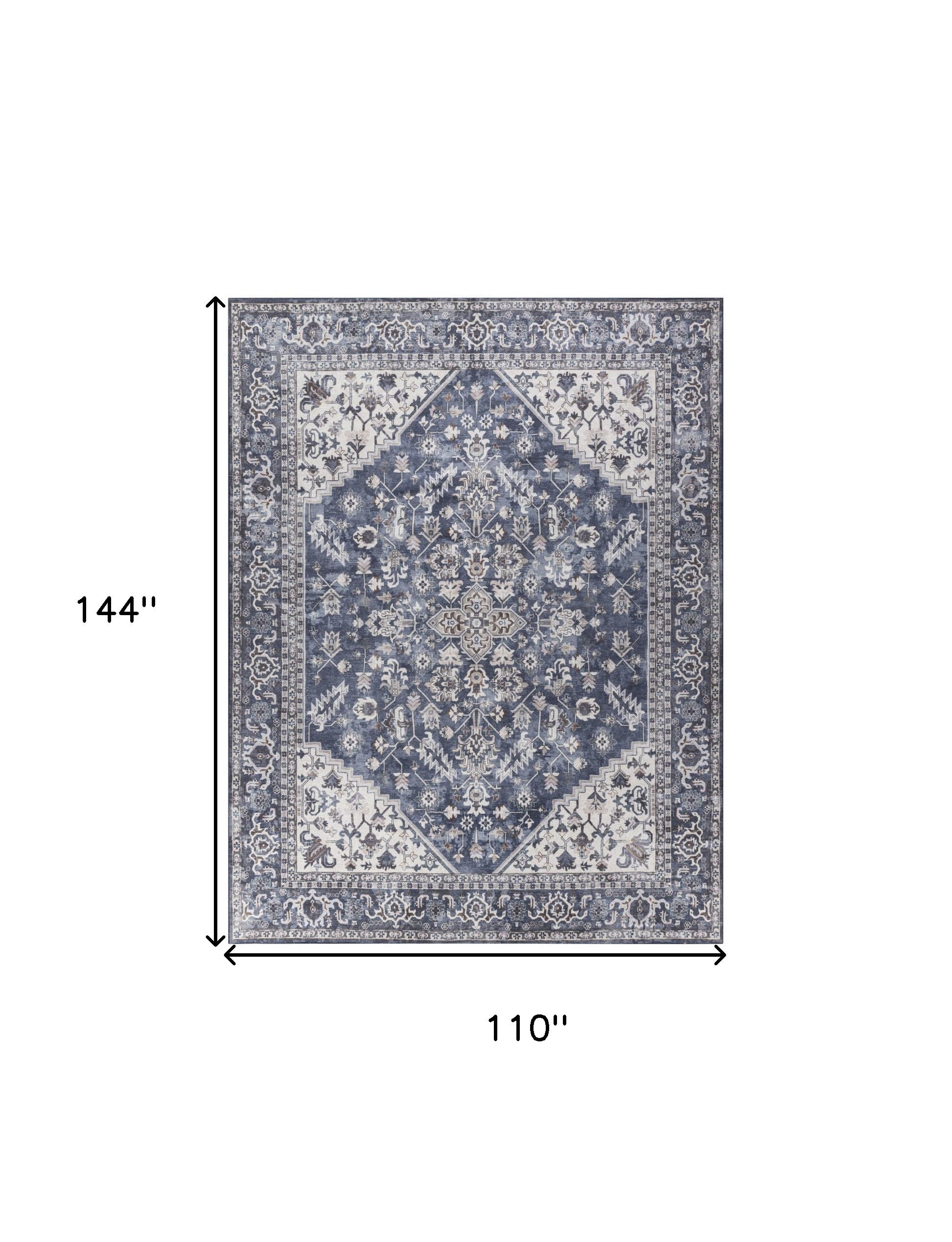 9' x 12' Blue and Ivory Floral Power Loom Distressed Washable Area Rug