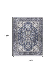 9' x 12' Blue and Ivory Floral Power Loom Distressed Washable Area Rug