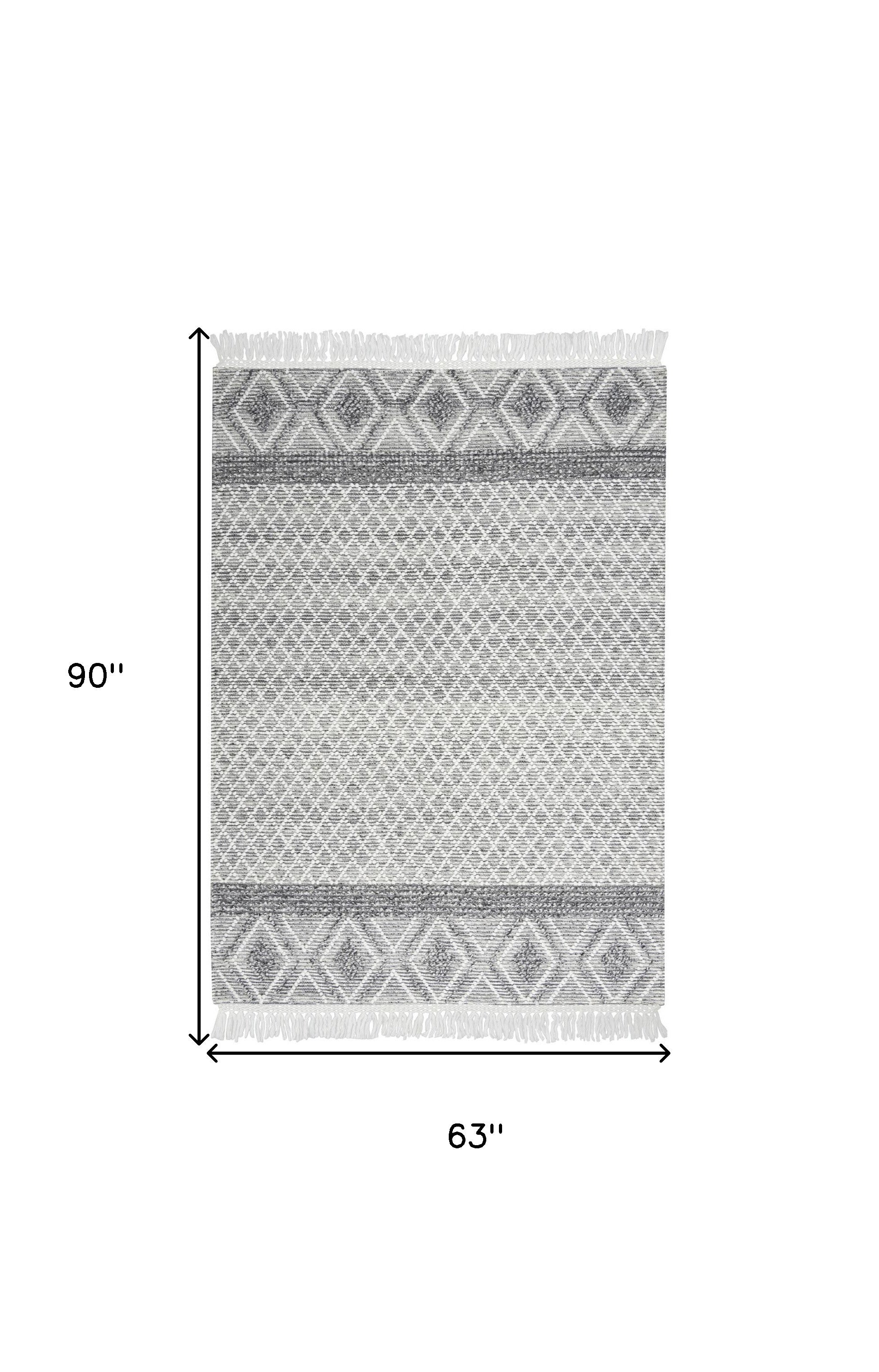 5' x 8' Gray and Ivory Geometric Hand Woven Area Rug With Fringe