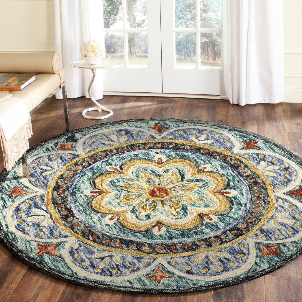 6' X 6' Blue Round Wool Floral Hand Tufted Area Rug