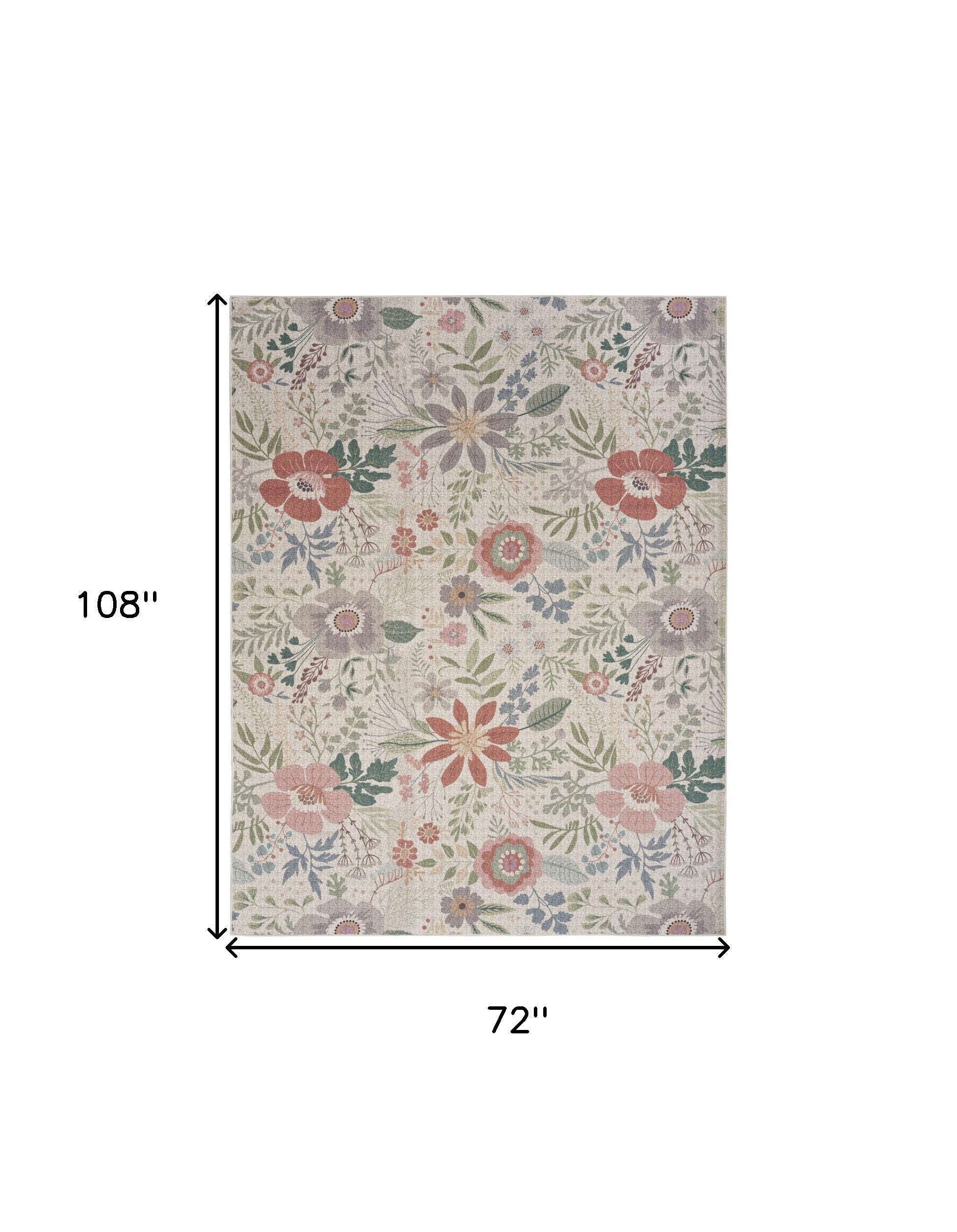 6' x 9' Ivory Green and Red Floral Power Loom Washable Non Skid Area Rug