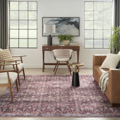 8' x 10' Red and Ivory Oriental Power Loom Distressed Washable Non Skid Area Rug