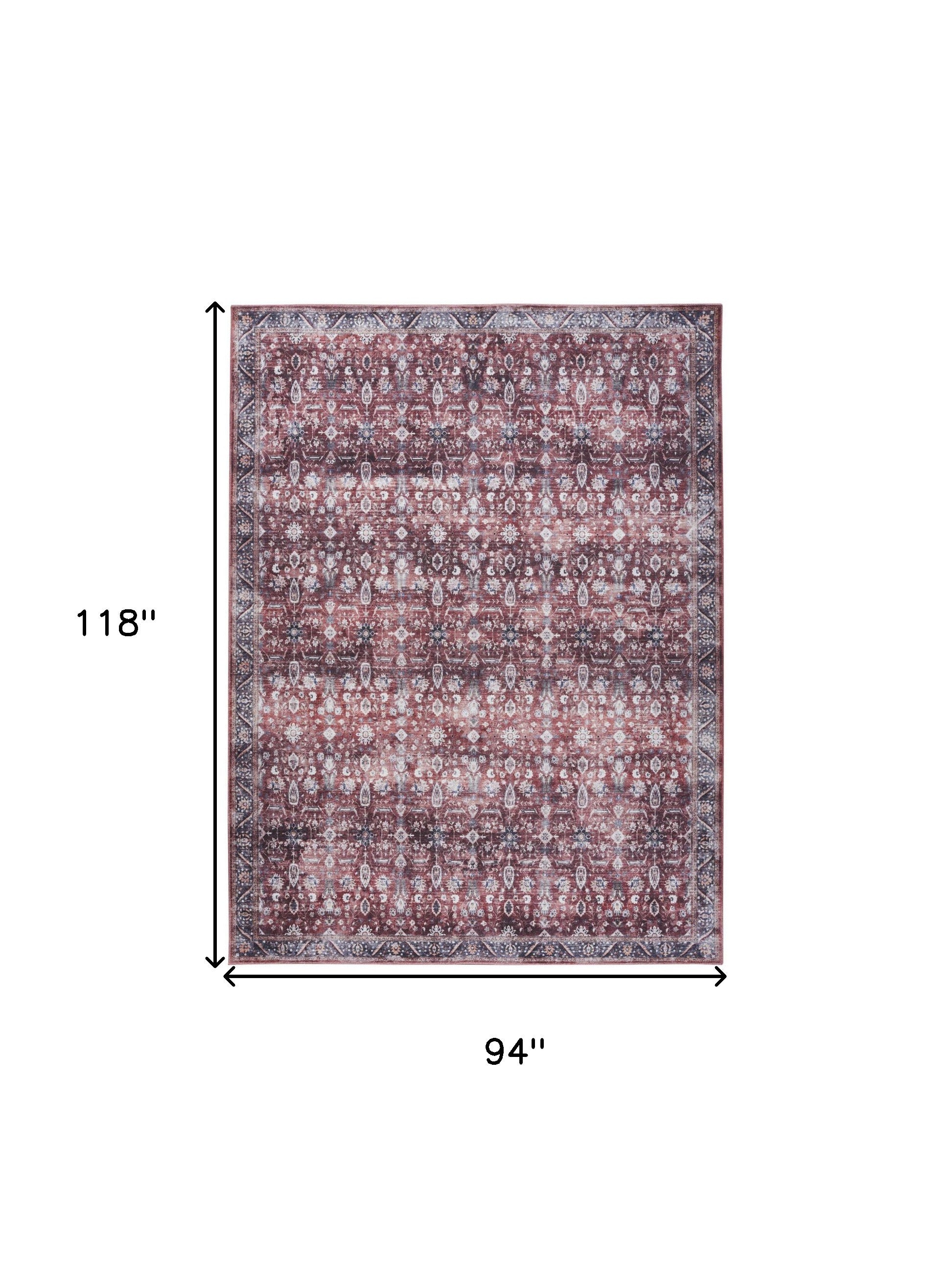8' x 10' Red and Ivory Oriental Power Loom Distressed Washable Non Skid Area Rug