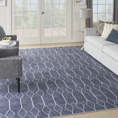 9' x 12' Blue and Off White Geometric Power Loom Washable Area Rug