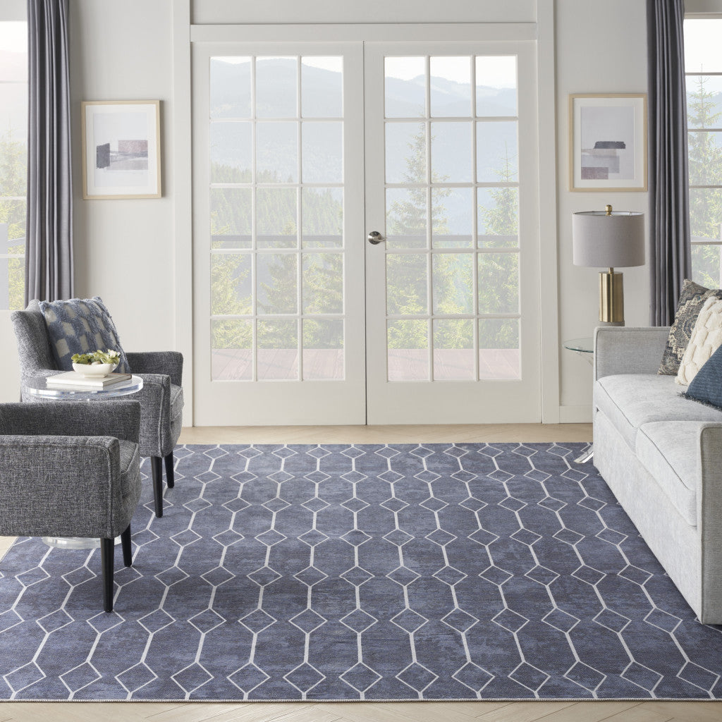 9' x 12' Blue and Off White Geometric Power Loom Washable Area Rug