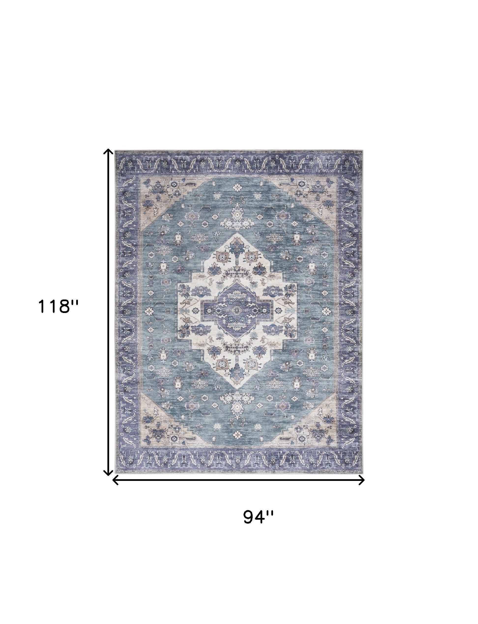 8' x 10' Blue and Green Oriental Power Loom Distressed Washable Non Skid Area Rug