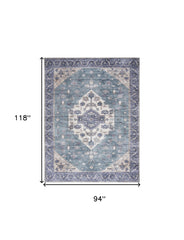 8' x 10' Blue and Green Oriental Power Loom Distressed Washable Non Skid Area Rug