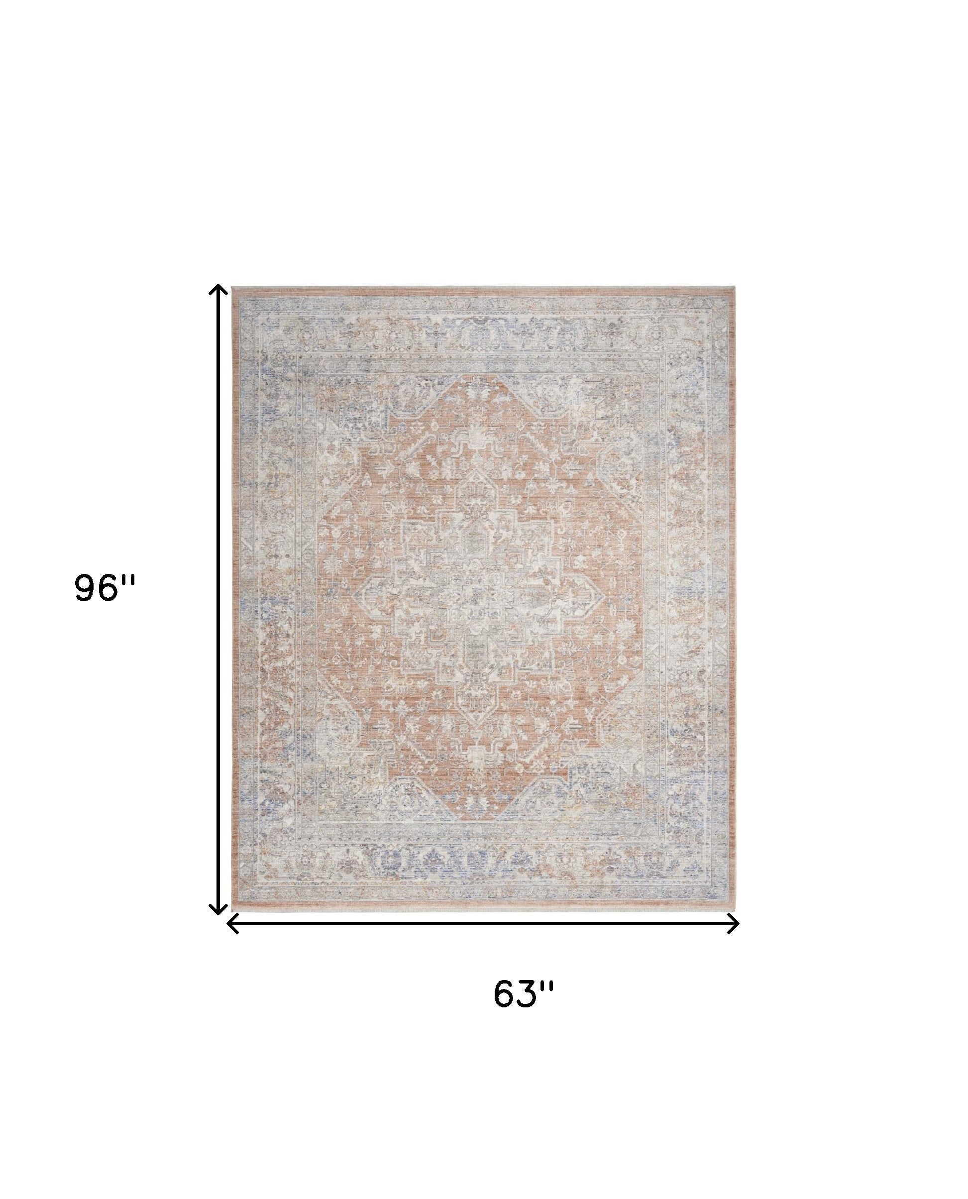 5' x 8' Brown and Blue Oriental Power Loom Distressed Area Rug With Fringe