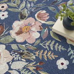 5' x 7' Blue and Green Floral Power Loom Washable Non Skid Area Rug