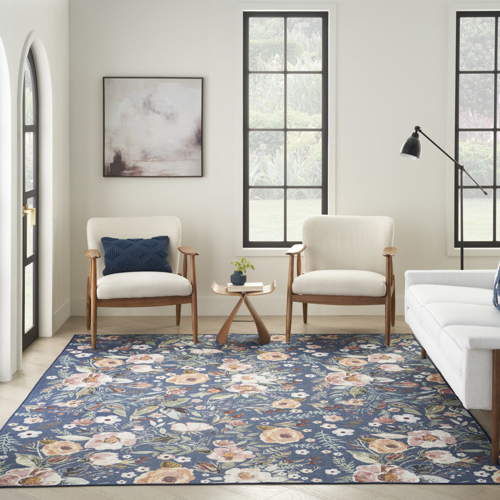 5' x 7' Blue and Green Floral Power Loom Washable Non Skid Area Rug