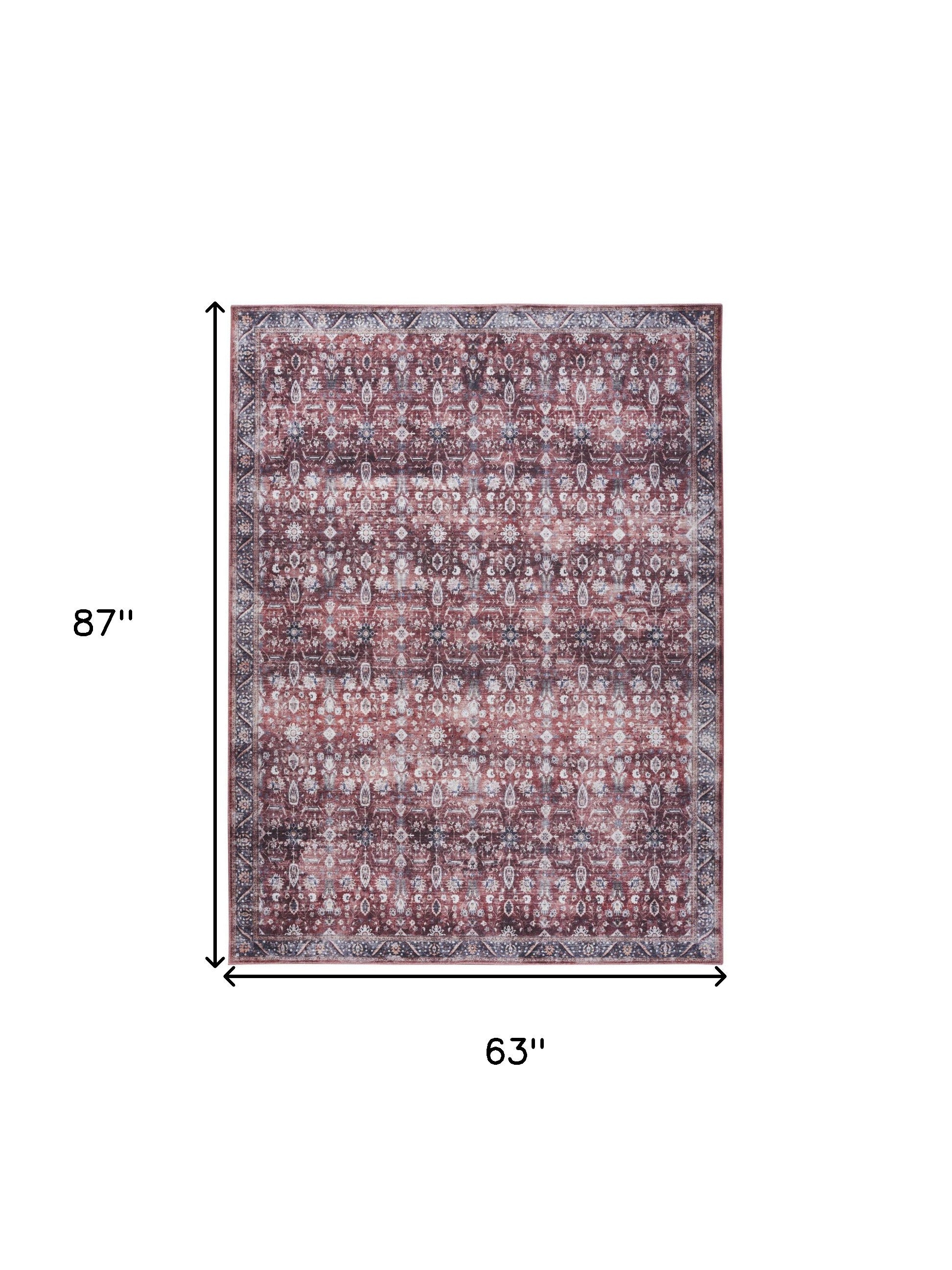 5' x 7' Red and Ivory Oriental Power Loom Distressed Washable Non Skid Area Rug