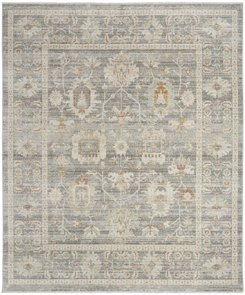 8' x 10' Beige Ivory and Gray Oriental Power Loom Distressed Area Rug With Fringe