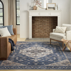 5' x 7' Blue and Beige Oriental Power Loom Distressed Washable Non Skid Area Rug