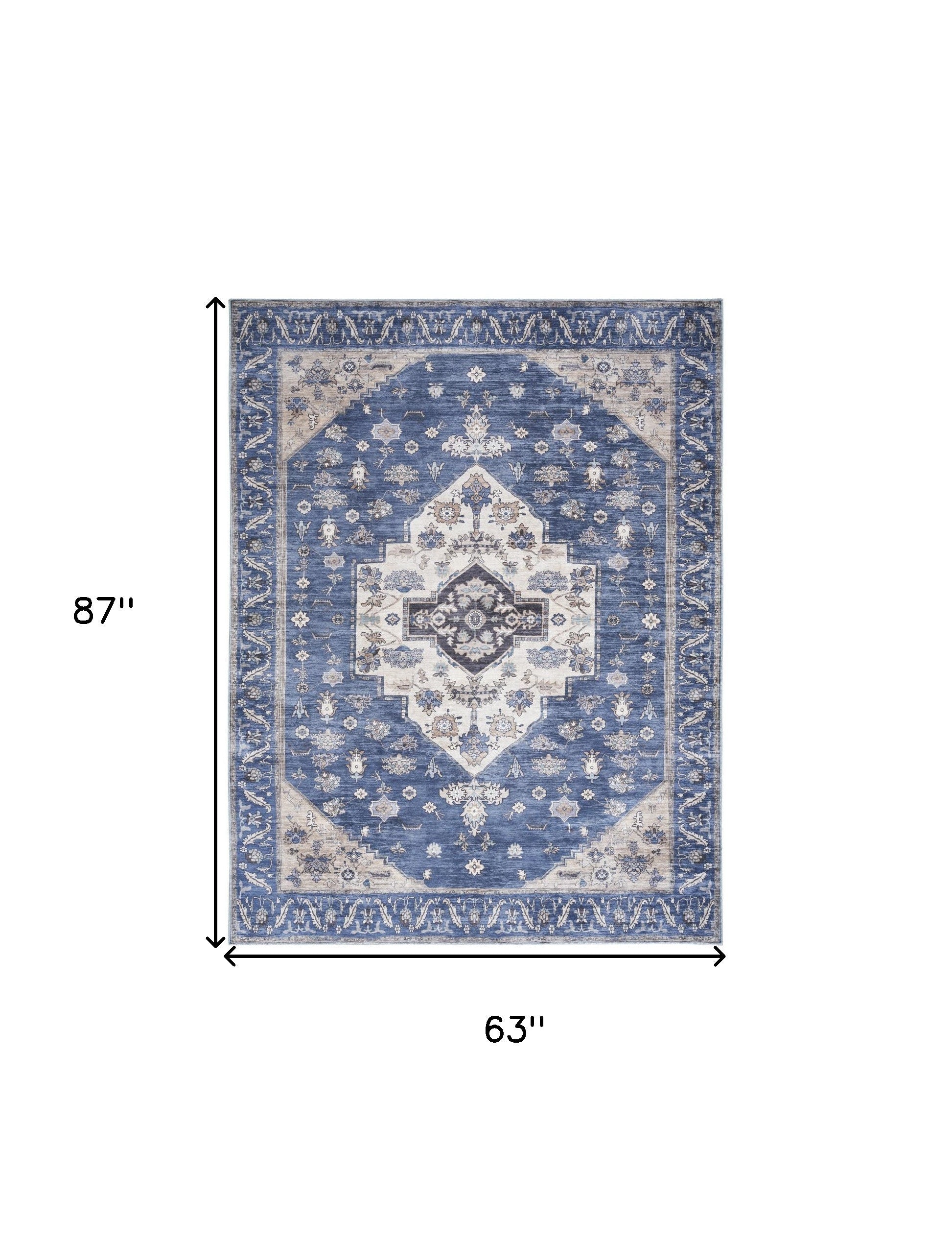 5' x 7' Blue and Beige Oriental Power Loom Distressed Washable Non Skid Area Rug