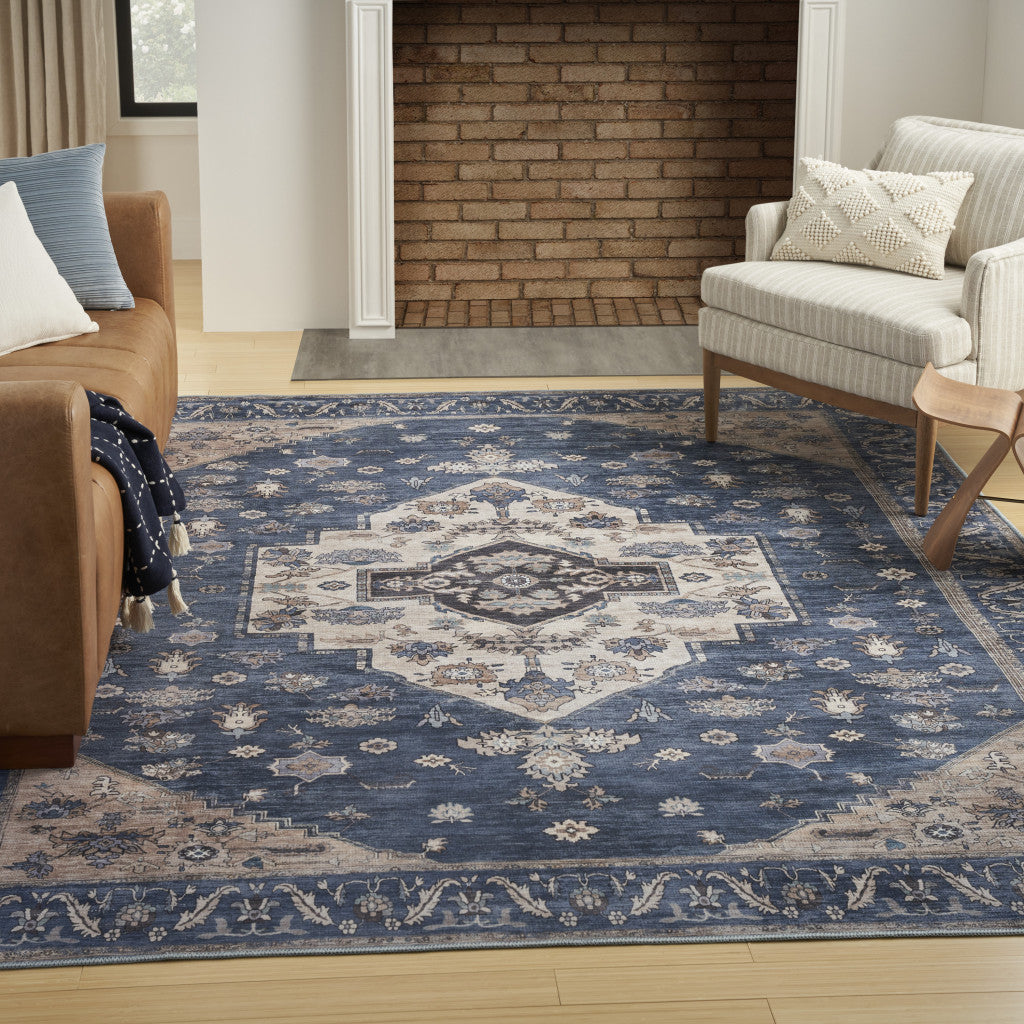 5' x 7' Blue and Beige Oriental Power Loom Distressed Washable Non Skid Area Rug
