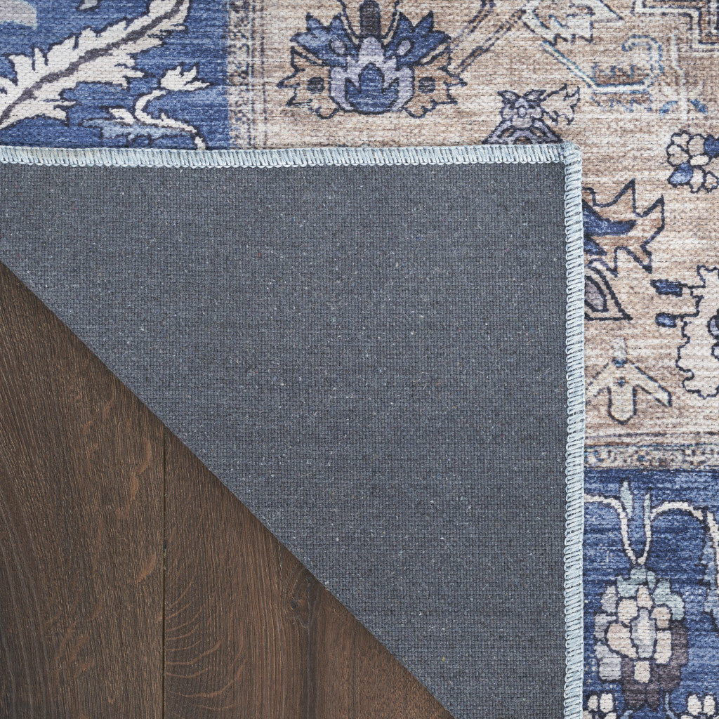5' x 7' Blue and Beige Oriental Power Loom Distressed Washable Non Skid Area Rug