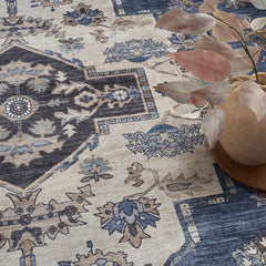 5' x 7' Blue and Beige Oriental Power Loom Distressed Washable Non Skid Area Rug