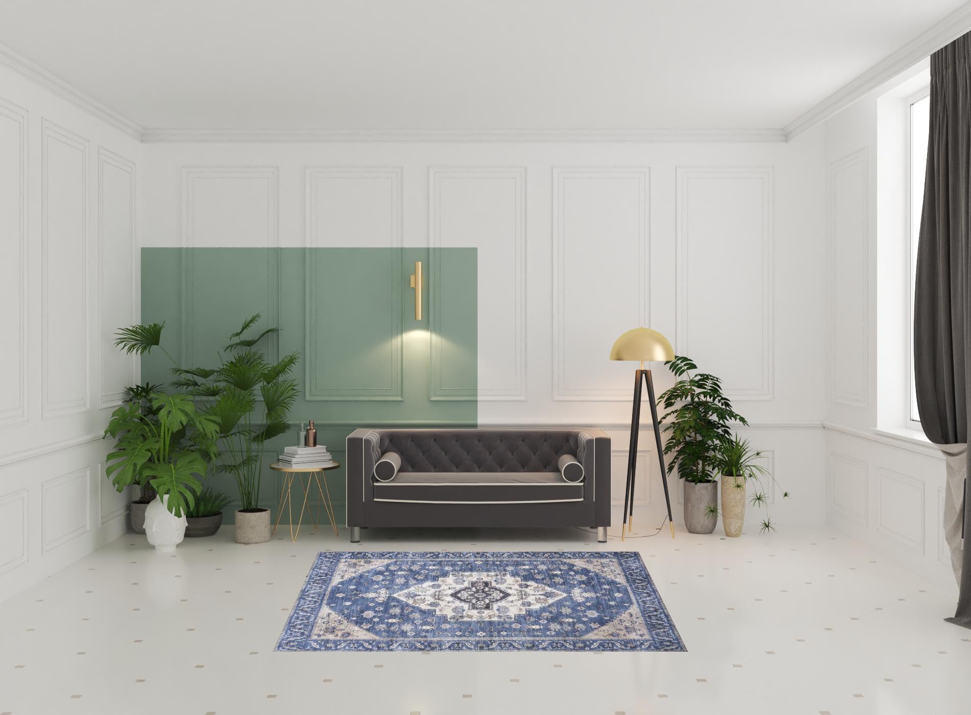 5' x 7' Blue and Beige Oriental Power Loom Distressed Washable Non Skid Area Rug