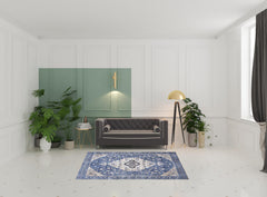 5' x 7' Blue and Beige Oriental Power Loom Distressed Washable Non Skid Area Rug