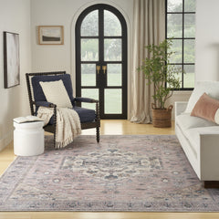 5' x 7' Pink and Blue Oriental Power Loom Distressed Washable Non Skid Area Rug
