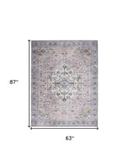 5' x 7' Pink and Blue Oriental Power Loom Distressed Washable Non Skid Area Rug