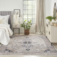 5' x 7' Ivory and Blue Oriental Power Loom Distressed Washable Non Skid Area Rug