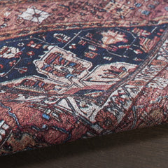 5' x 7' Red and Ivory Oriental Power Loom Distressed Washable Non Skid Area Rug